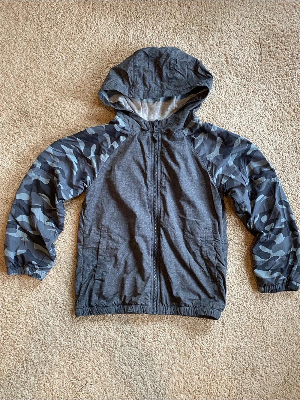 OshKosh B'gosh Gray Hooded Jacket with Camouflage Sleeves